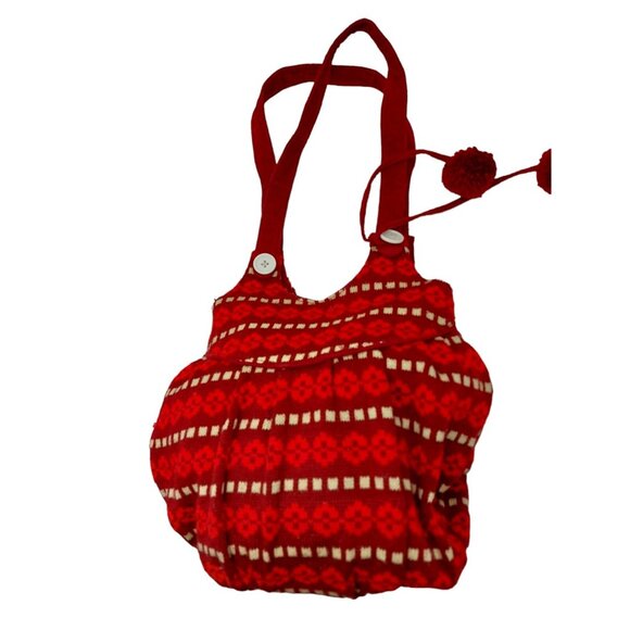 Knit Crocheted Red Boho Hand Shoulder Bag patterned with pom poms snap closure - Picture 2 of 10